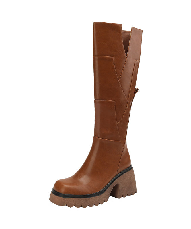 "Kvinnors Chunky Boots i PU-läderstil med dragkedja, brun överdel, kraftig sula för stil och funktionalitet."
