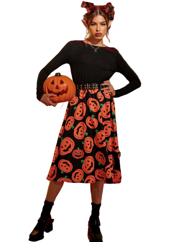"Kvinnors Halloween midi klänning med pumpamönster, svart bas med orange detaljer, mjuk och bekväm för höstfest."