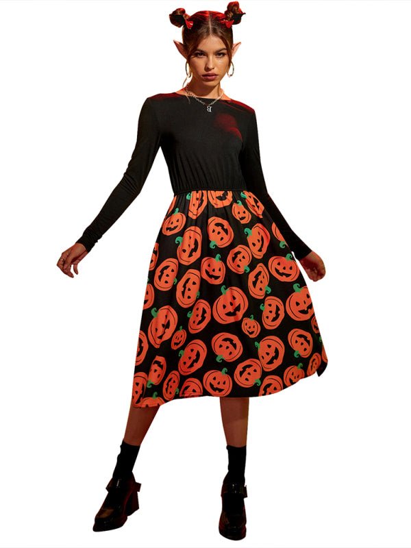 "Kvinnors Halloween midi klänning med pumpamönster, svart bas med orange detaljer, mjuk och bekväm för höstfest."