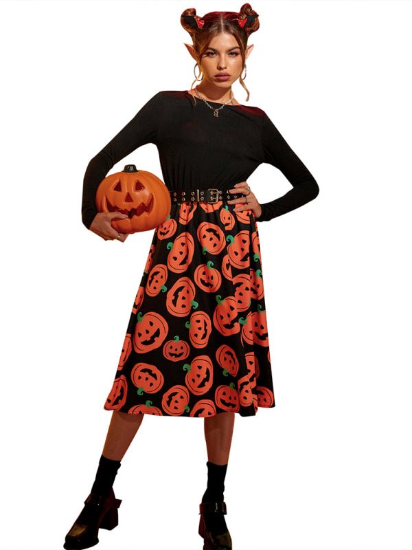 "Kvinnors Halloween midi klänning med pumpamönster, svart bas med orange detaljer, mjuk och bekväm för höstfest."