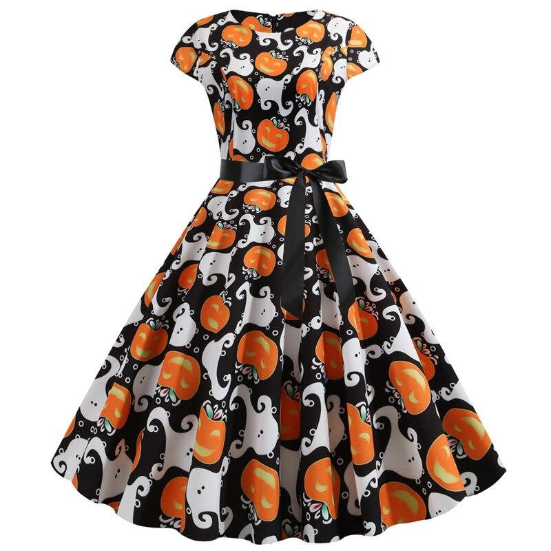 "Kvinnors Halloween midi klänning med spöken och pumpor, festlig design, mjuka material, orange och svart mönster."