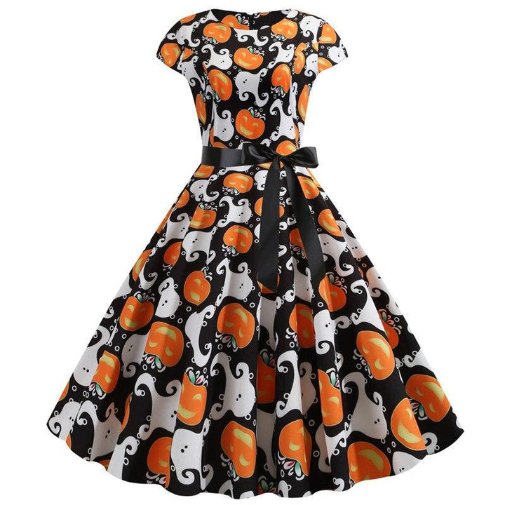 "Kvinnors Halloween midi klänning med spöken och pumpor, festlig design, mjuka material, orange och svart mönster."