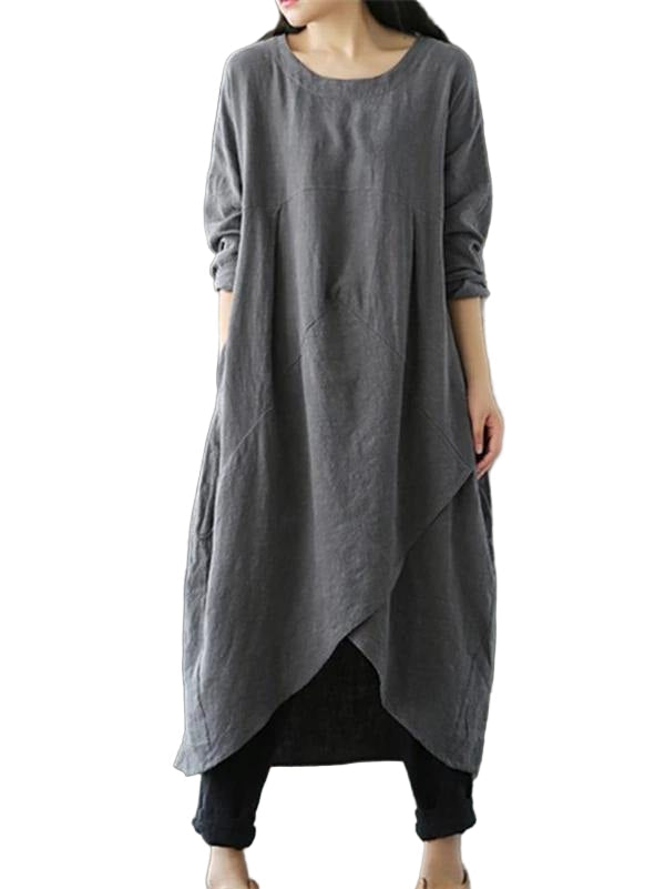 "Kvinnors asymmetrisk maxi klänning i elegant grå, smickrande skärning och luftig design för olika tillfällen."