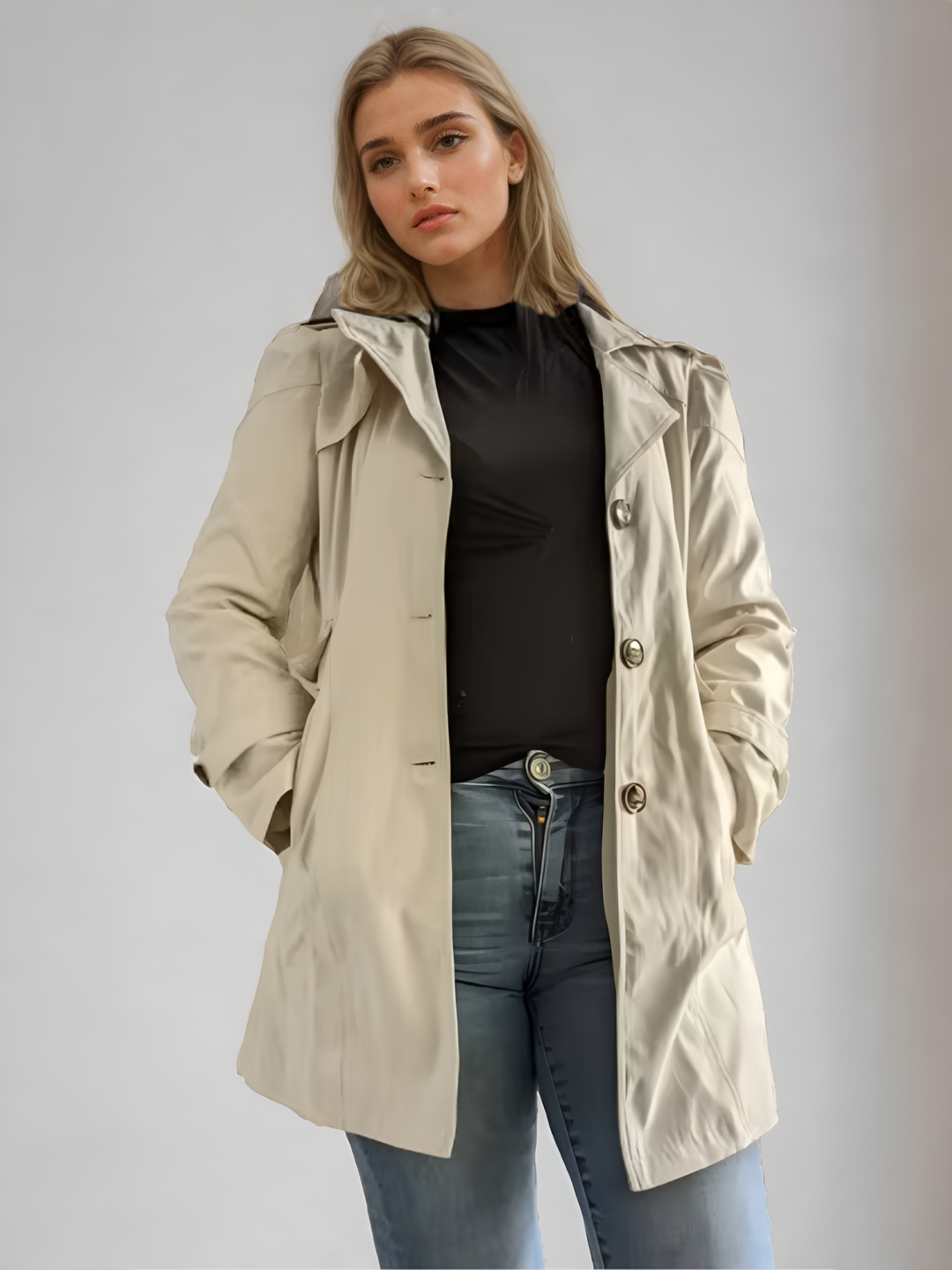 Kvinnors beige trenchcoat med skräddarsydd design, perfekt för både vår och höst. Elegant och smickrande kappa.