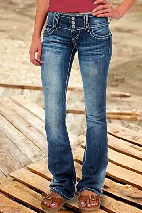 "Kvinnors bell bottom jeans framifrån med praktiska fickor och trendig design i blå nyans för elegant stil."