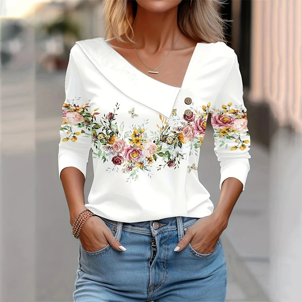"Kvinnors blus med blommigt tryck, långa ärmar, livlig och stilfull design för elegans och komfort, idealisk för alla tillfäl