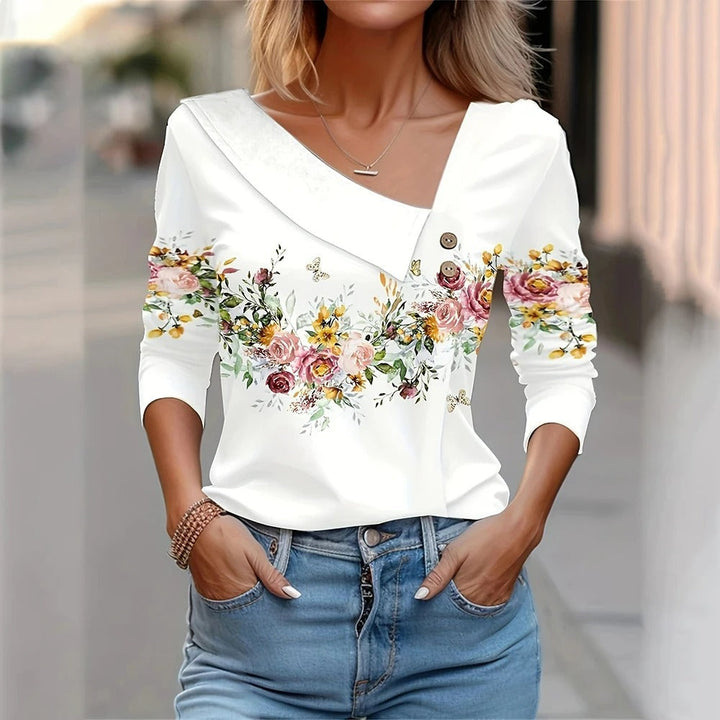 "Kvinnors blus med blommigt tryck, långa ärmar, livlig och stilfull design för elegans och komfort, idealisk för alla tillfäl