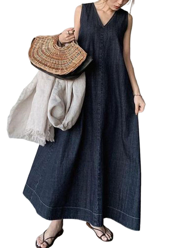 "Kvinnors bohemisk denimklänning med V-hals och kalla axlar, ärmlös och loose fit för chic sommarmode."