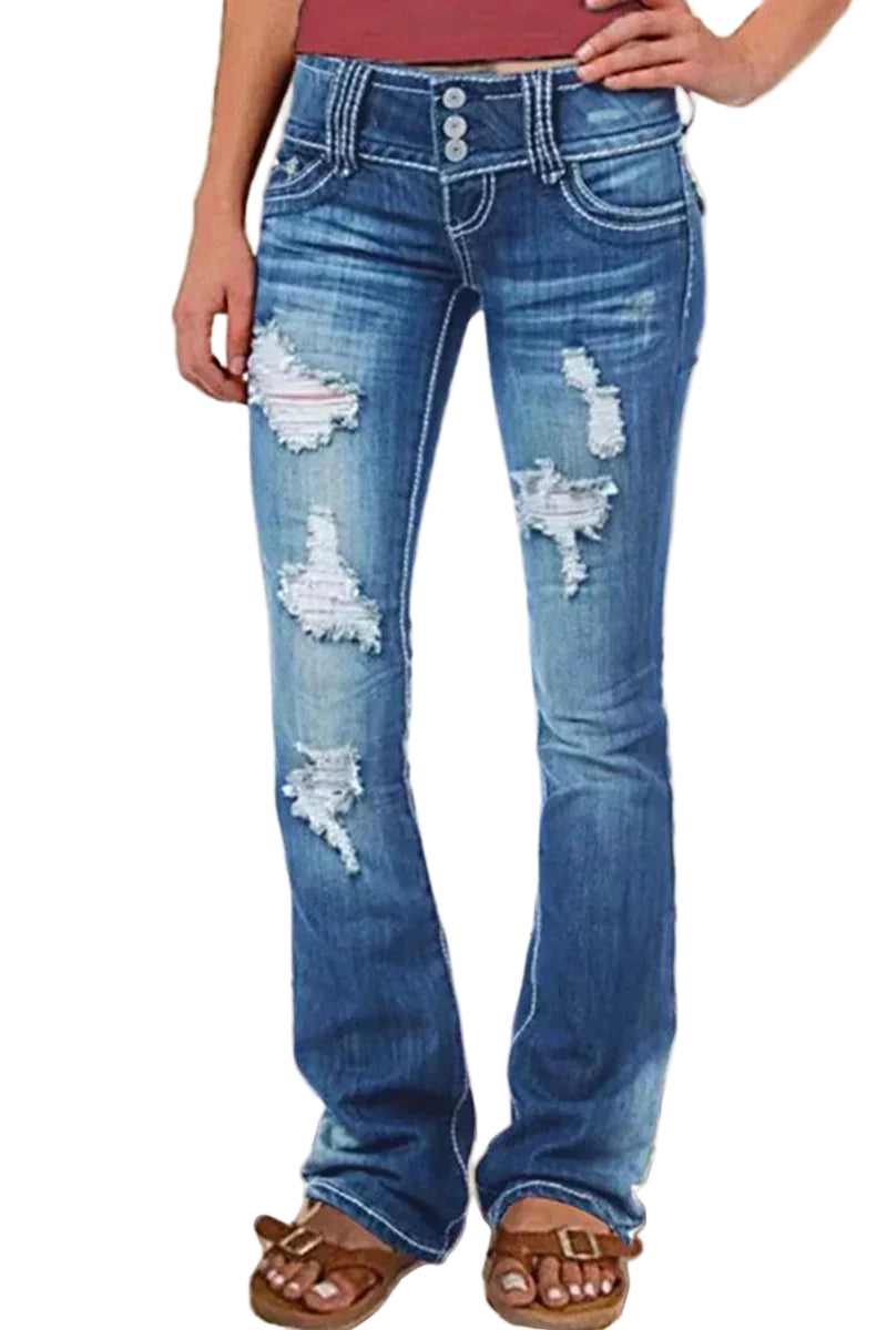"Kvinnors bootcut jeans hög midja med slitna detaljer och elegant silhuett, idealiska för avslappnade och formella tillfällen