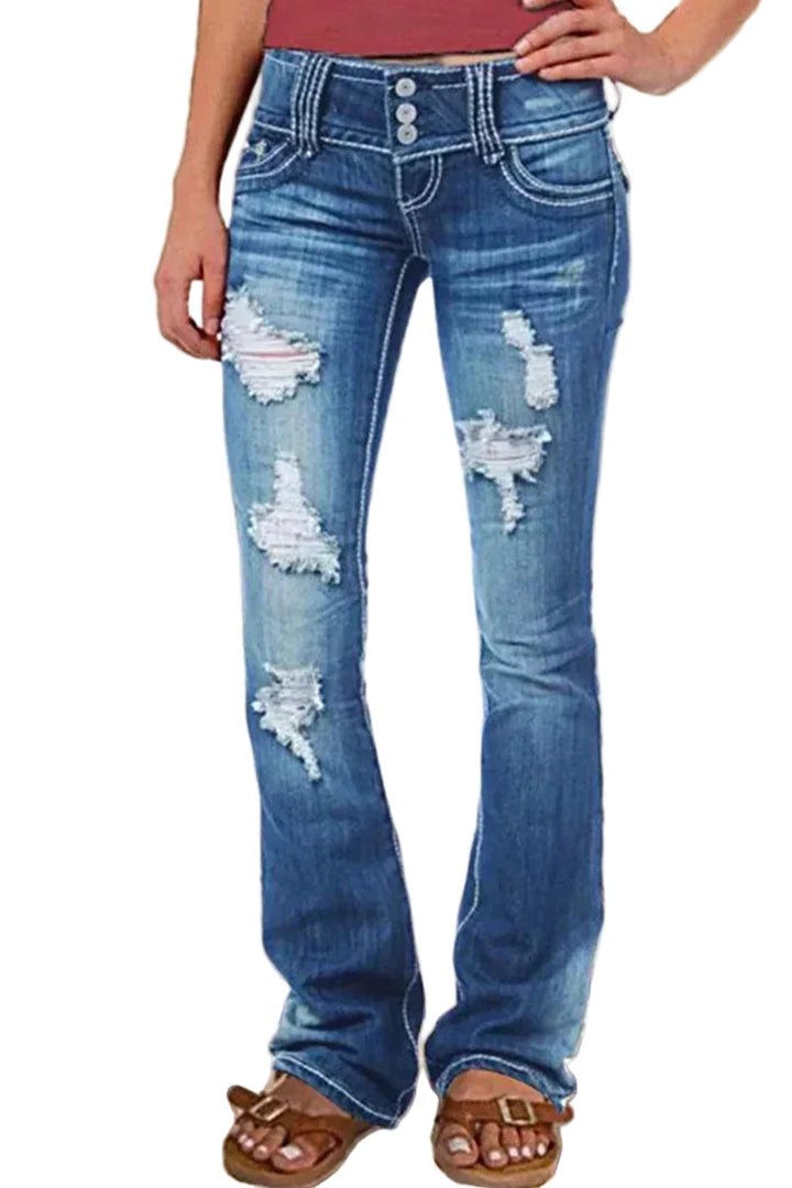 "Kvinnors bootcut jeans hög midja med slitna detaljer och elegant silhuett, idealiska för avslappnade och formella tillfällen