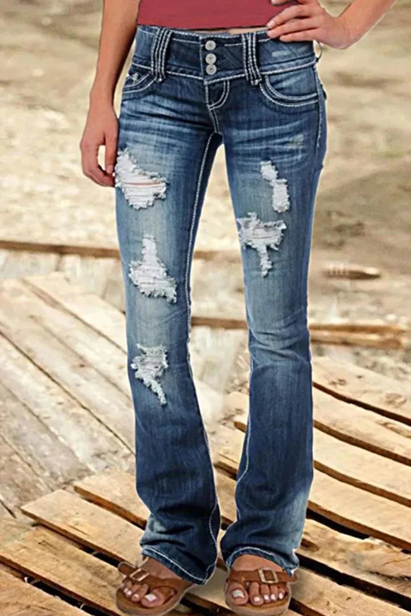 "Kvinnors bootcut jeans hög midja med slitna detaljer och elegant silhuett, idealiska för avslappnade och formella tillfällen