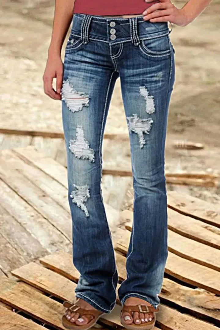 "Kvinnors bootcut jeans hög midja med slitna detaljer och elegant silhuett, idealiska för avslappnade och formella tillfällen