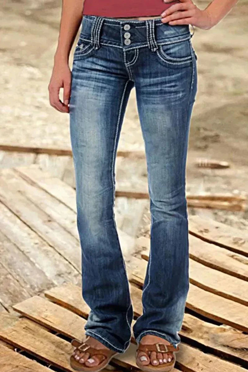 "Kvinnors bootcut jeans hög midja med slitna detaljer och elegant silhuett, idealiska för avslappnade och formella tillfällen