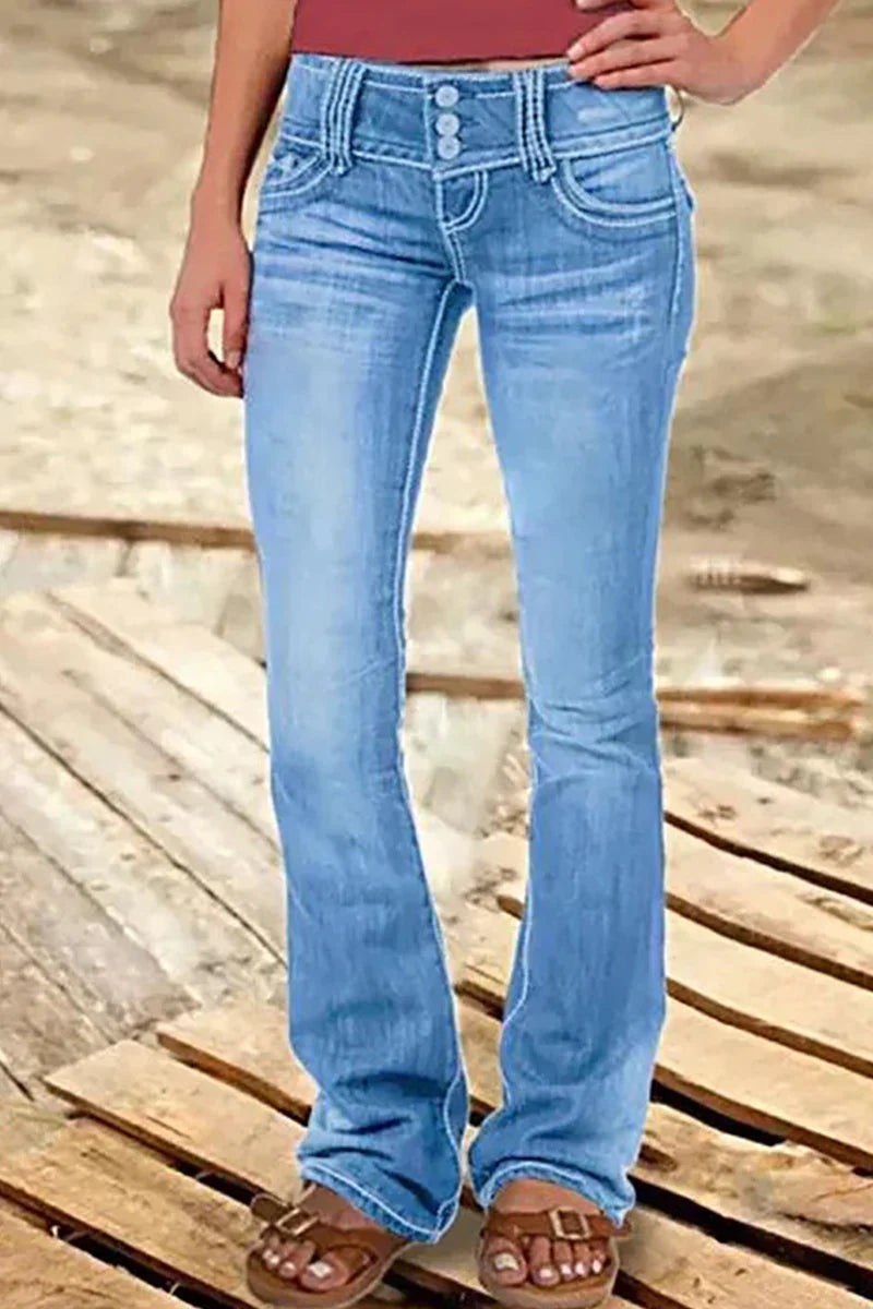 "Kvinnors bootcut jeans hög midja med slitna detaljer och elegant silhuett, idealiska för avslappnade och formella tillfällen