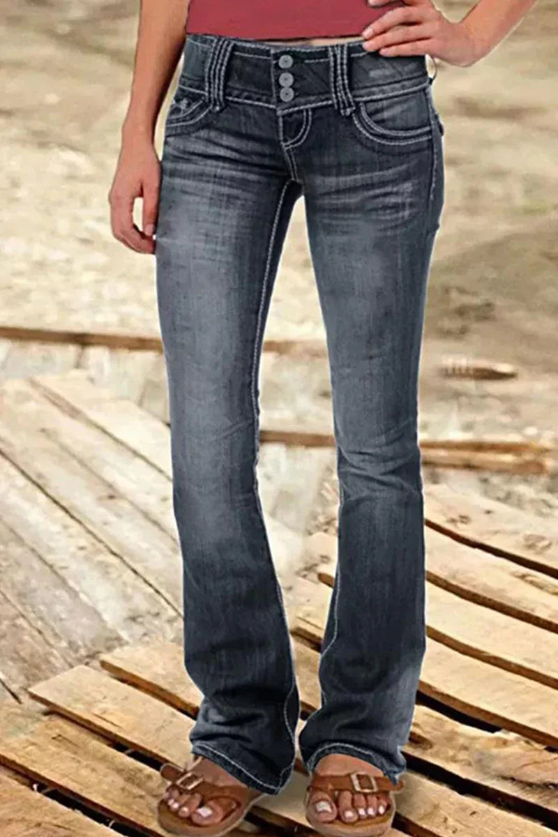 "Kvinnors bootcut jeans hög midja med slitna detaljer och elegant silhuett, idealiska för avslappnade och formella tillfällen