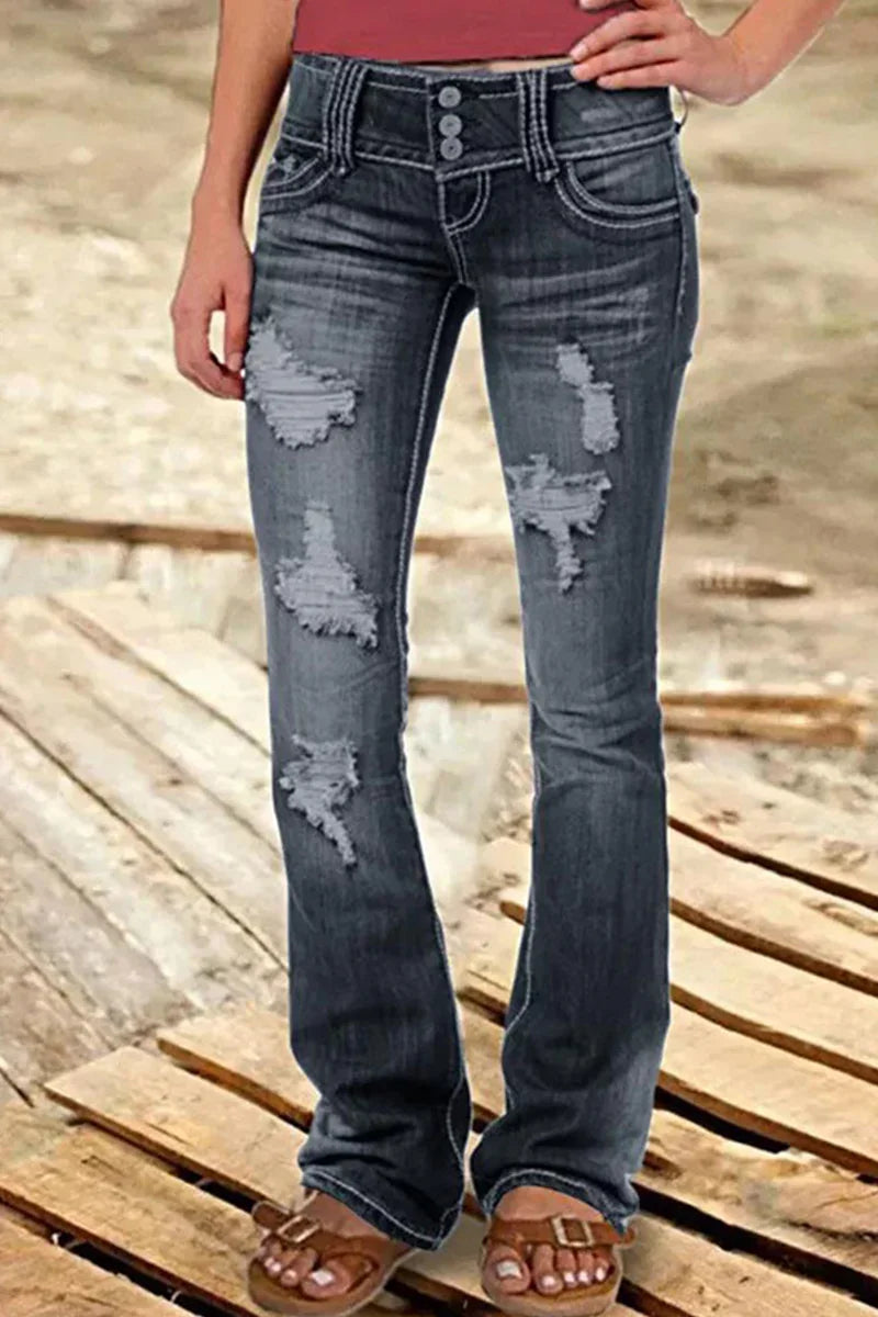 "Kvinnors bootcut jeans hög midja med slitna detaljer och elegant silhuett, idealiska för avslappnade och formella tillfällen
