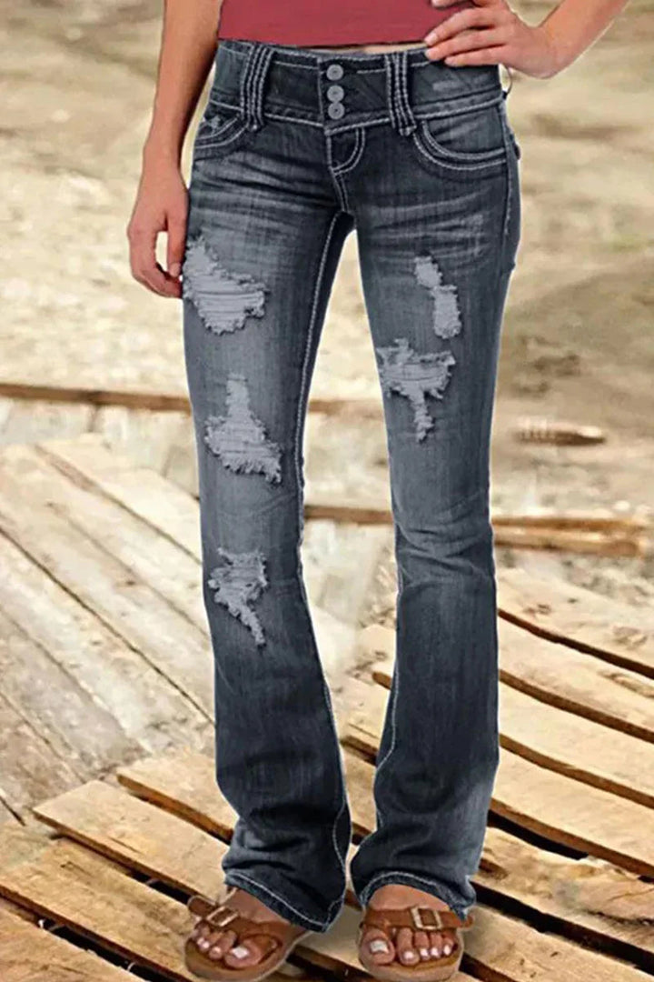 "Kvinnors bootcut jeans hög midja med slitna detaljer och elegant silhuett, idealiska för avslappnade och formella tillfällen