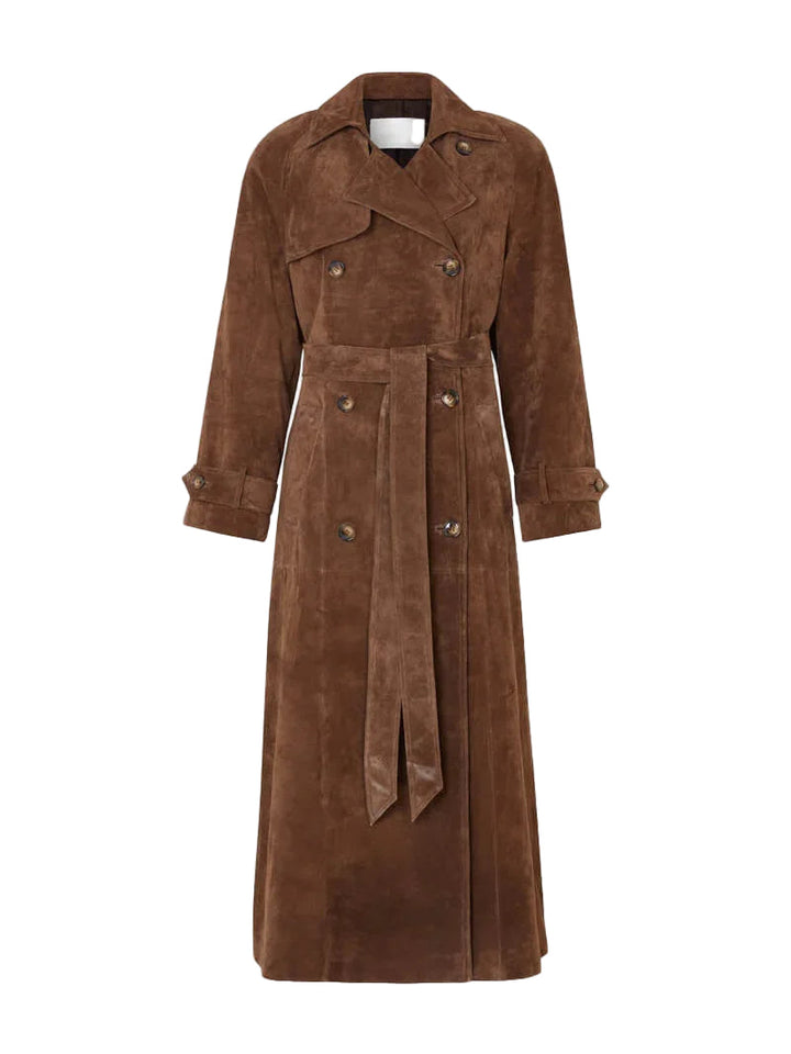 "Kvinnors brun longline trenchcoat för höst/vinter, elegant snitt, justerbart bälte. Perfekt för stilfulla, kyliga dagar."