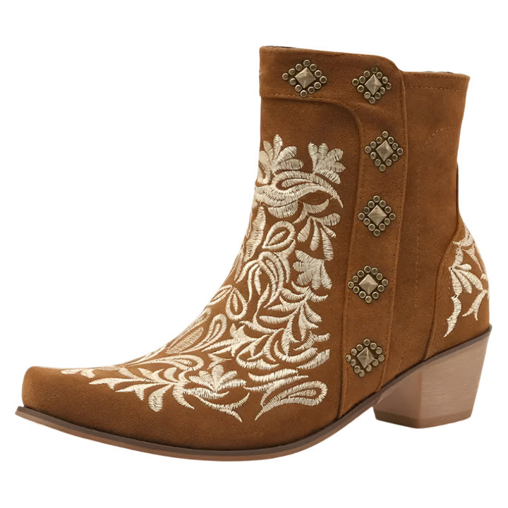 "Kvinnors bruna ankel cowboy stövlar med 5 cm klack, imitationsläder, stabil gummisula, elegant design"