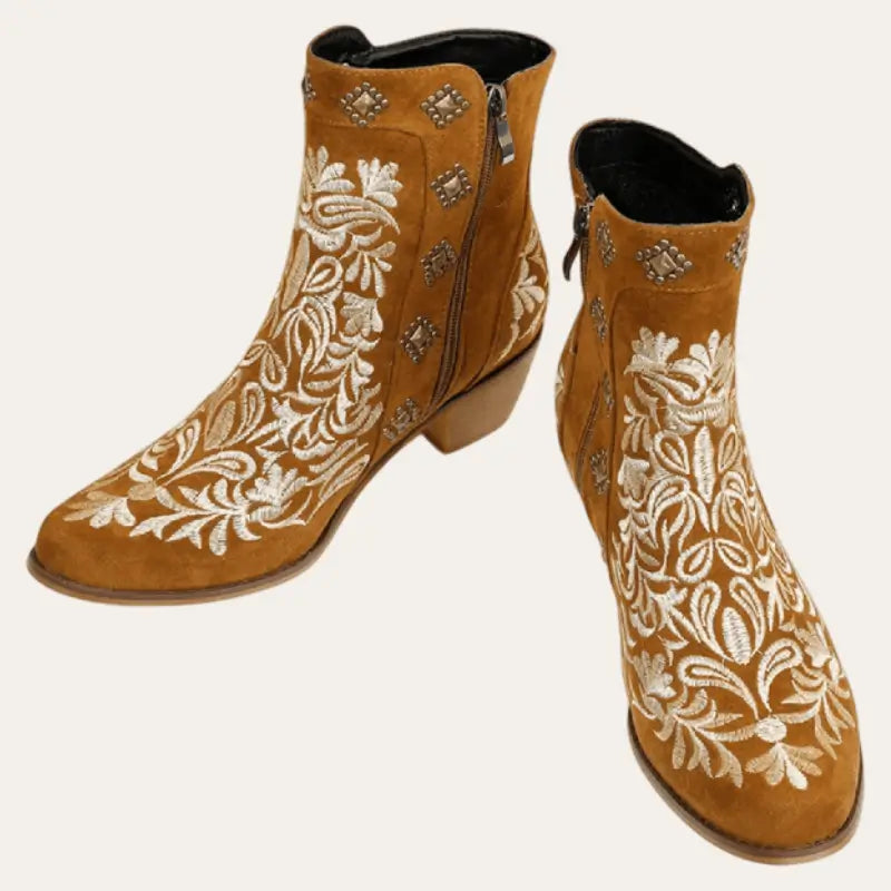 "Kvinnors bruna ankel cowboy stövlar med 5 cm klack, imitationsläder, stabil gummisula, elegant design"