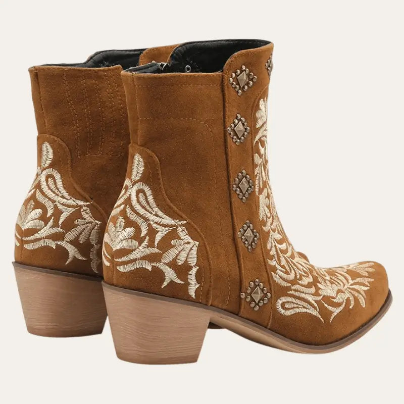 "Kvinnors bruna ankel cowboy stövlar med 5 cm klack, imitationsläder, stabil gummisula, elegant design"