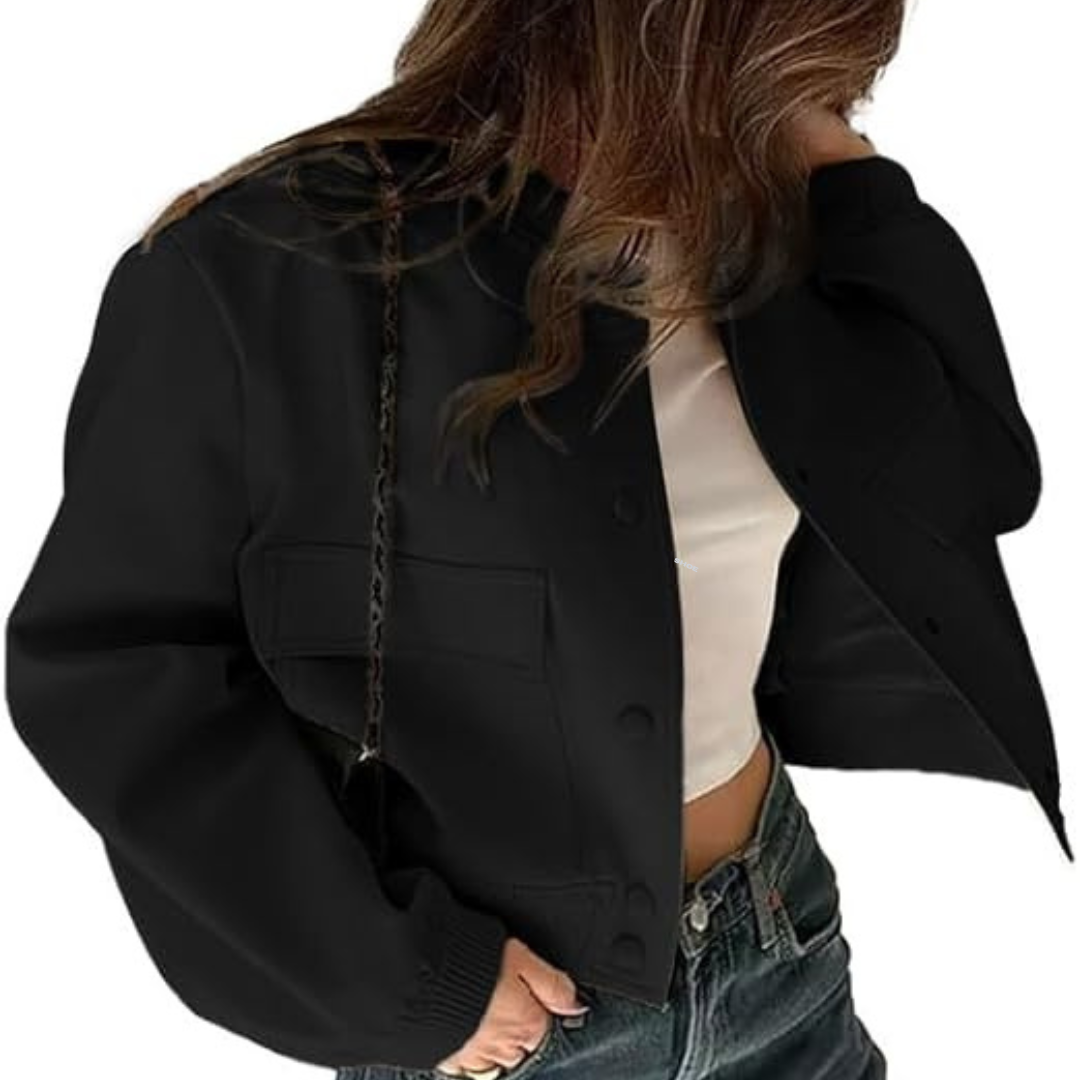 "Kvinnors croppad bomberjacka för vinter, polyester, aviatorstil, grå, isolerande foder, elegant och varm design."