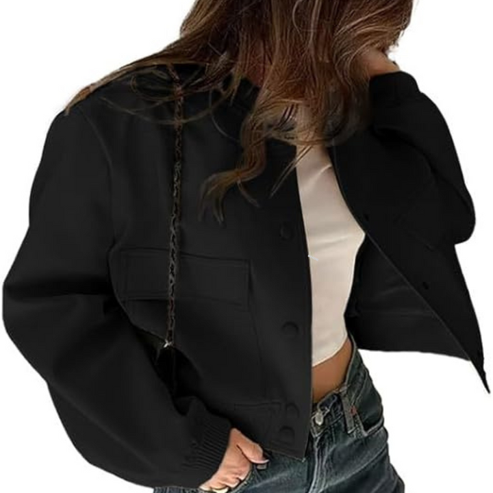 "Kvinnors croppad bomberjacka för vinter, polyester, aviatorstil, grå, isolerande foder, elegant och varm design."