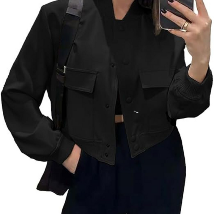 "Kvinnors croppad bomberjacka för vinter, polyester, aviatorstil, grå, isolerande foder, elegant och varm design."