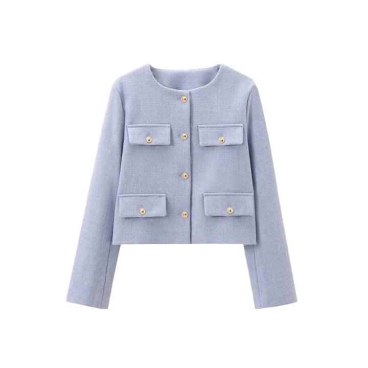 "Kvinnors croppad cardigan med knappfront, modern design i beige, perfekta för layering och stilren look"