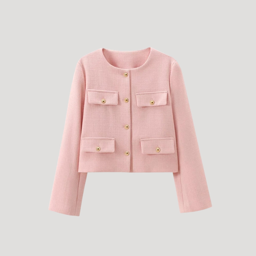 "Kvinnors croppad cardigan med knappfront, modern design i beige, perfekta för layering och stilren look"