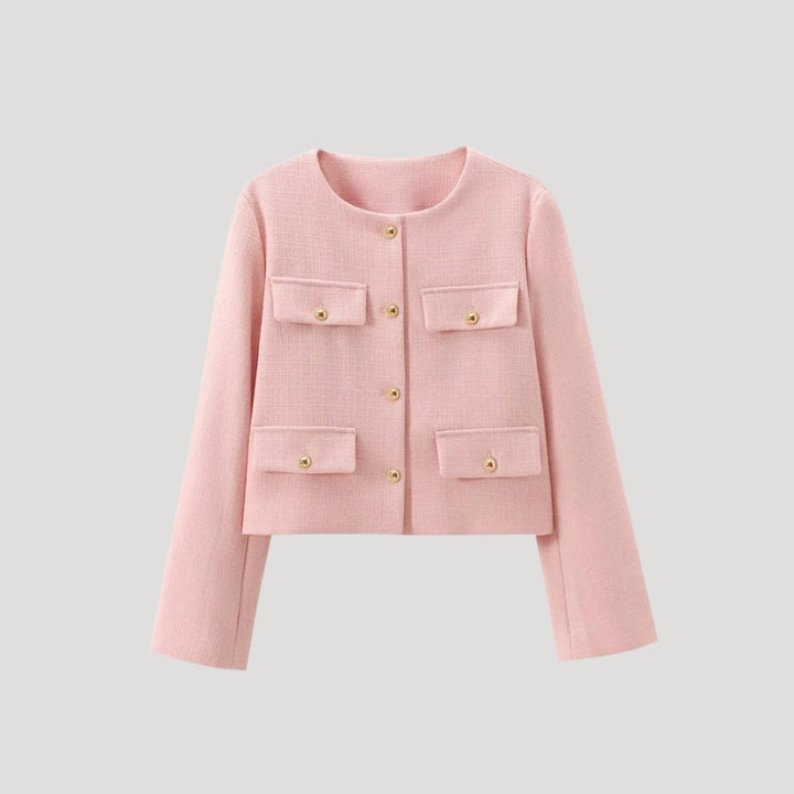 "Kvinnors croppad cardigan med knappfront, modern design i beige, perfekta för layering och stilren look"