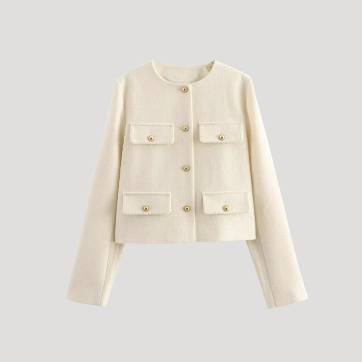"Kvinnors croppad cardigan med knappfront, modern design i beige, perfekta för layering och stilren look"