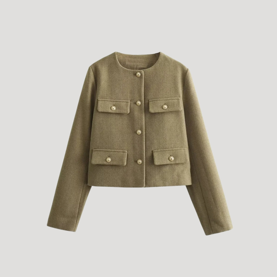 "Kvinnors croppad cardigan med knappfront, modern design i beige, perfekta för layering och stilren look"