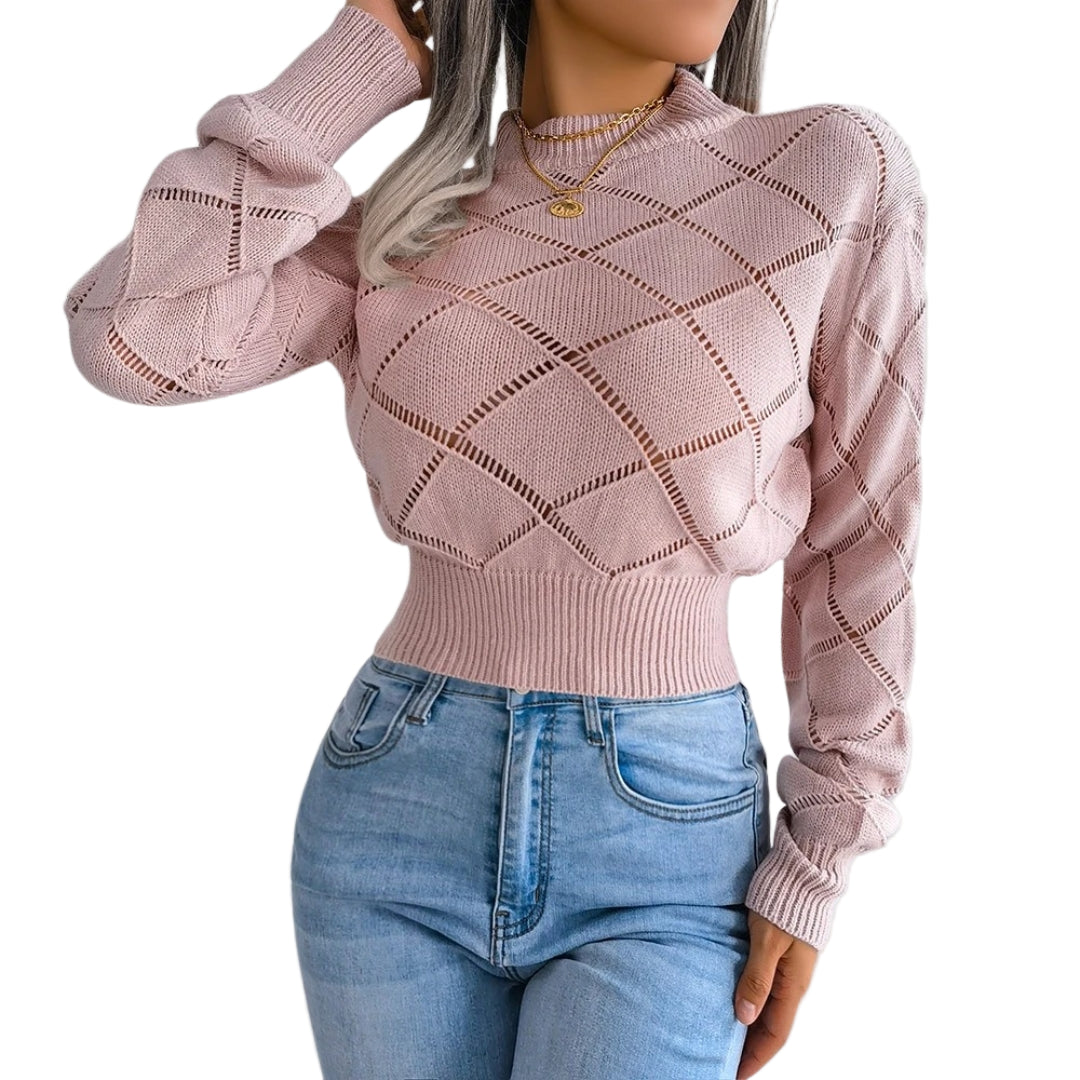 "Kvinnors croppad pullover med diamantstickat mönster, hög halsringning och långa ärmar för elegant, sofistikerad stil."