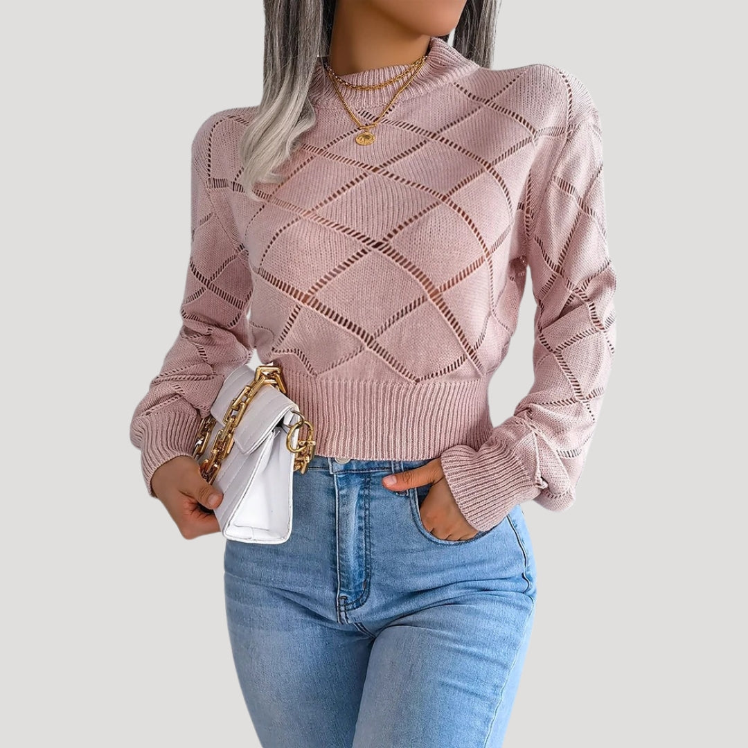 "Kvinnors croppad pullover med diamantstickat mönster, hög halsringning och långa ärmar för elegant, sofistikerad stil."