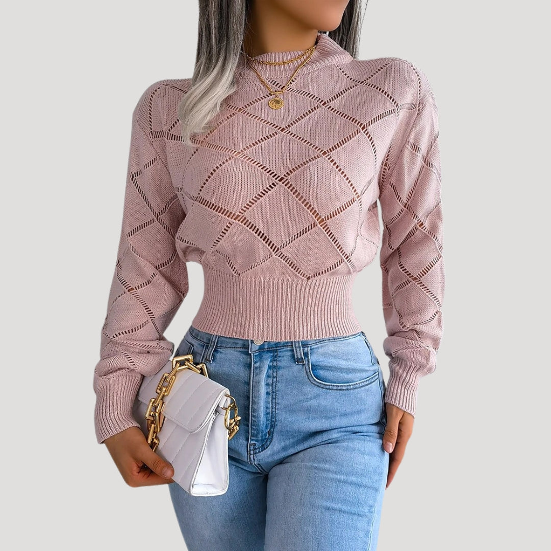 "Kvinnors croppad pullover med diamantstickat mönster, hög halsringning och långa ärmar för elegant, sofistikerad stil."