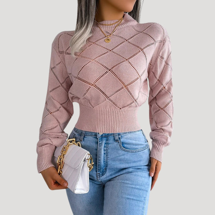 "Kvinnors croppad pullover med diamantstickat mönster, hög halsringning och långa ärmar för elegant, sofistikerad stil."