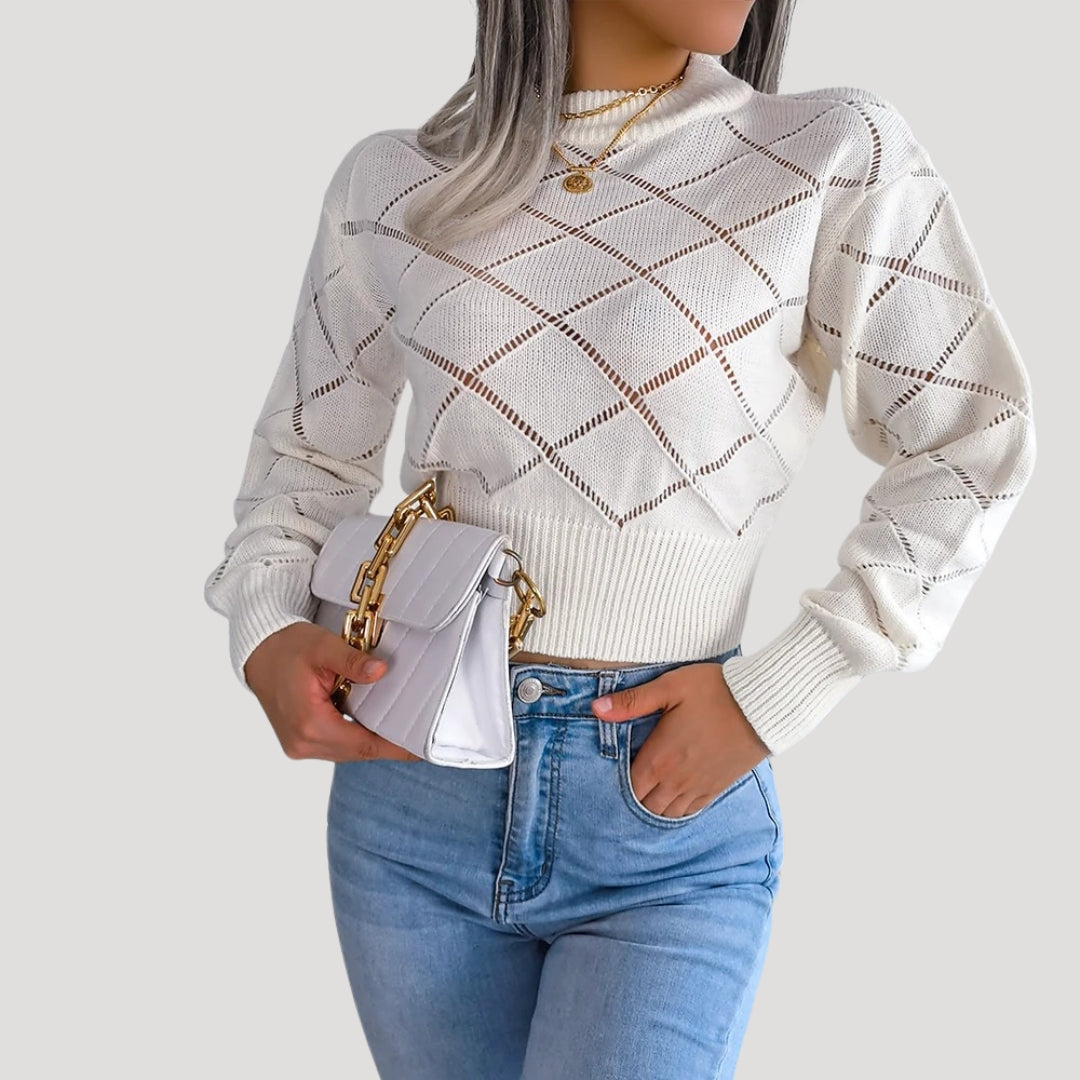 "Kvinnors croppad pullover med diamantstickat mönster, hög halsringning och långa ärmar för elegant, sofistikerad stil."