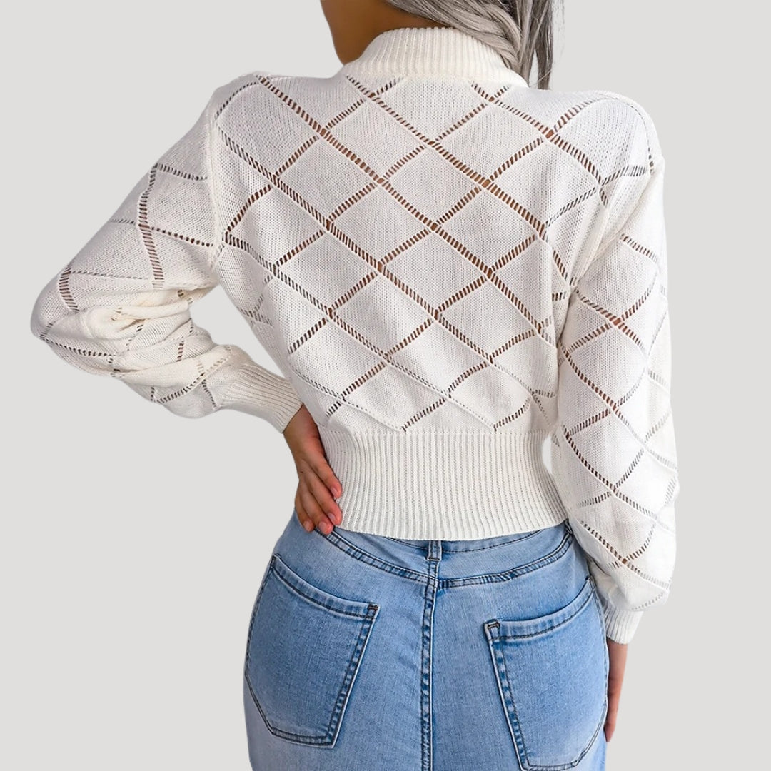 "Kvinnors croppad pullover med diamantstickat mönster, hög halsringning och långa ärmar för elegant, sofistikerad stil."