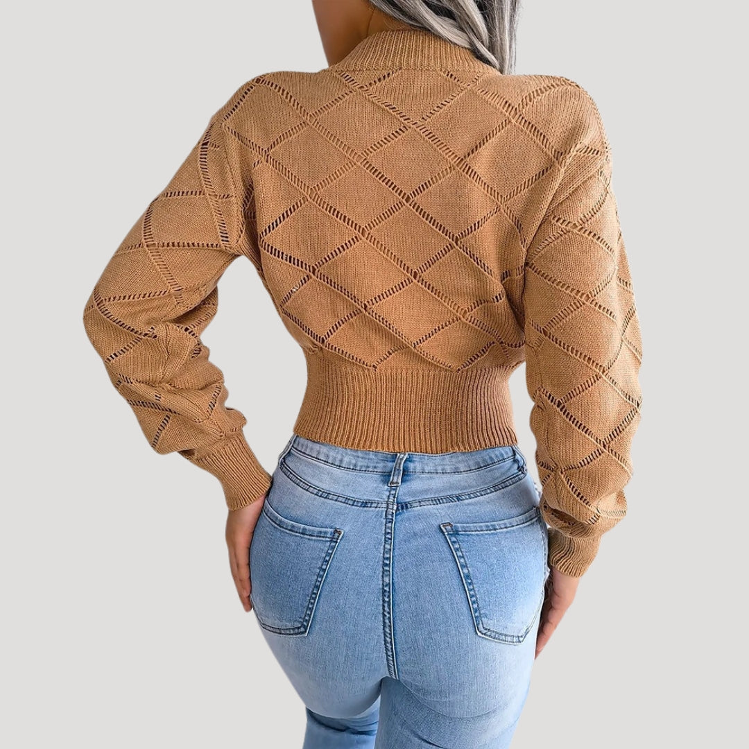 "Kvinnors croppad pullover med diamantstickat mönster, hög halsringning och långa ärmar för elegant, sofistikerad stil."