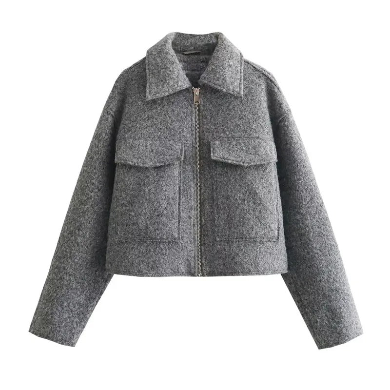 "Kvinnors croppad tweed vinterjacka med dragkedja, modern stil, elegant tyg, hel ärmlängd, stilrent designad."