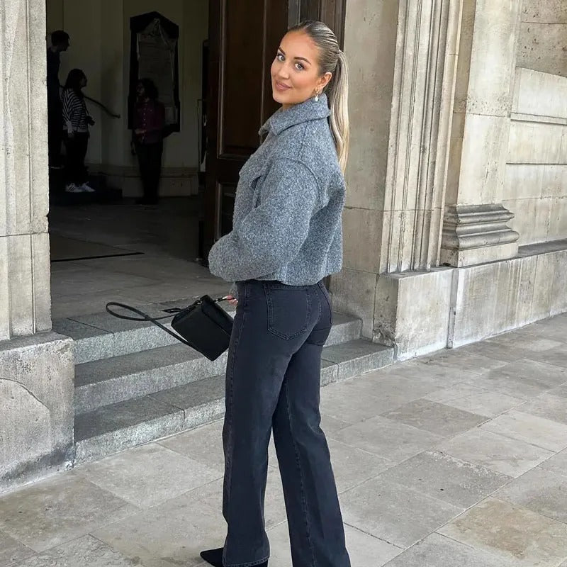 "Kvinnors croppad tweed vinterjacka med dragkedja, modern stil, elegant tyg, hel ärmlängd, stilrent designad."