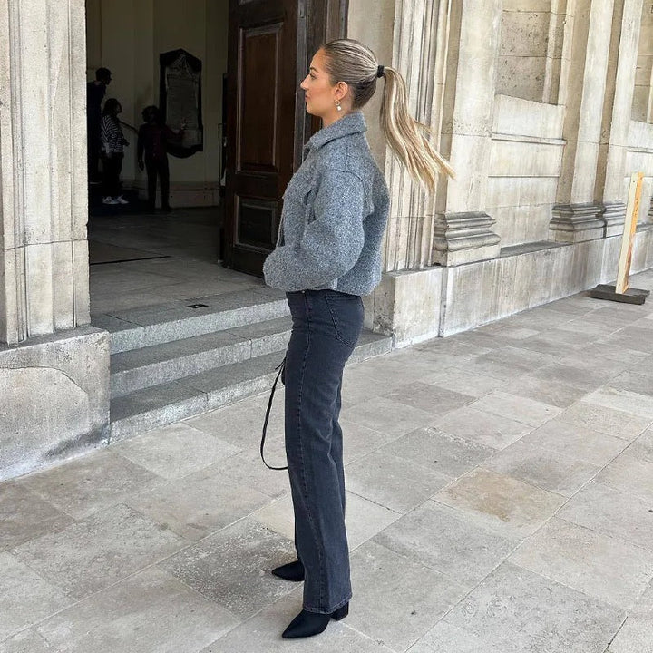 "Kvinnors croppad tweed vinterjacka med dragkedja, modern stil, elegant tyg, hel ärmlängd, stilrent designad."