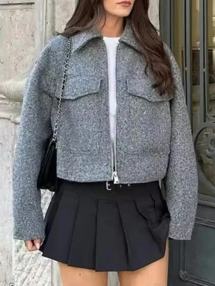 "Kvinnors croppad tweed vinterjacka med dragkedja, modern stil, elegant tyg, hel ärmlängd, stilrent designad."