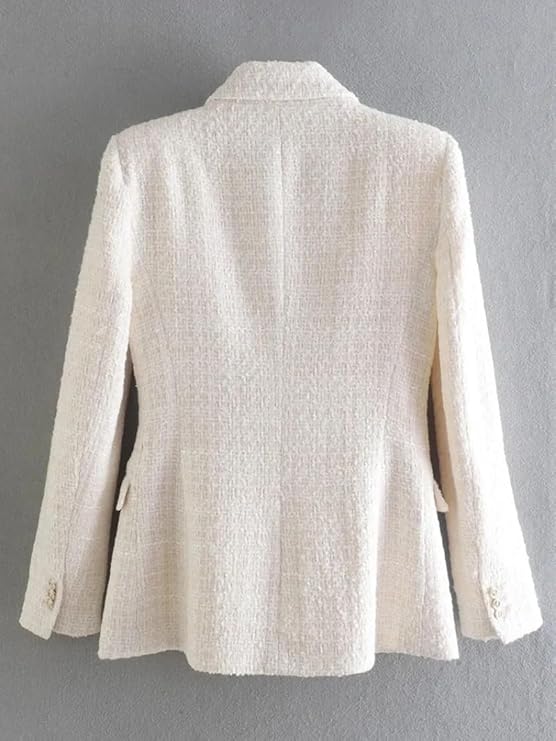 Kvinnors dubbelknäppt tweedblazer, klassisk stil, vintage-charm, ljus tweed, skräddarsydd passform, eleganta fickor.