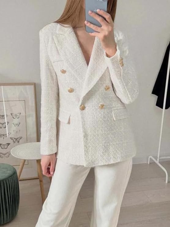 Kvinnors dubbelknäppt tweedblazer, klassisk stil, vintage-charm, ljus tweed, skräddarsydd passform, eleganta fickor.