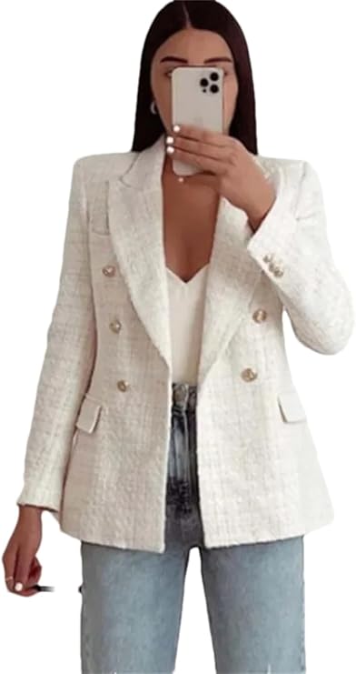Kvinnors dubbelknäppt tweedblazer, klassisk stil, vintage-charm, ljus tweed, skräddarsydd passform, eleganta fickor.