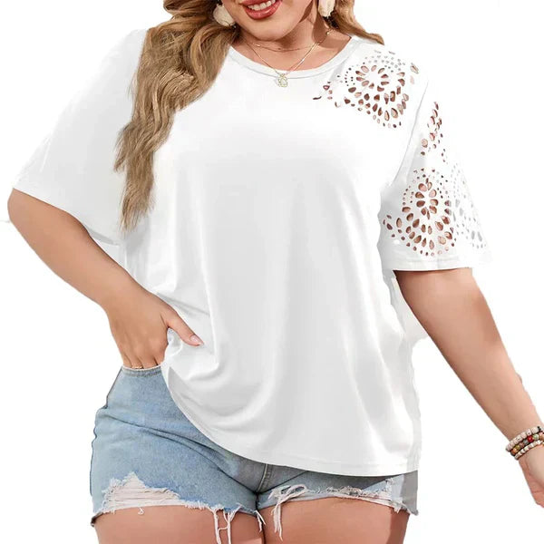 "Kvinnors elegant T-shirt med chiffonghalsring av mjuk bomull, chic och avslappnad look, perfekt för alla tillfällen."
