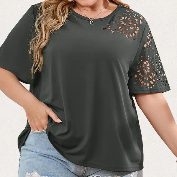"Kvinnors elegant T-shirt med chiffonghalsring av mjuk bomull, chic och avslappnad look, perfekt för alla tillfällen."