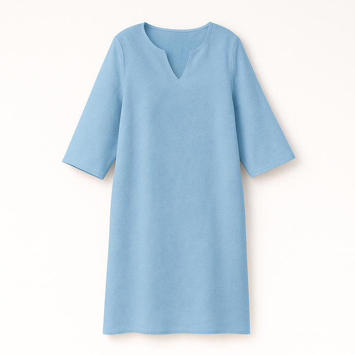 "Kvinnors elegant höstklänning med v-ringning, feminin stil, stilren design, perfekt för vardag och fest."